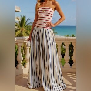 Elegant Strapless Striped Blue Red and White Drop Waist Party Dress